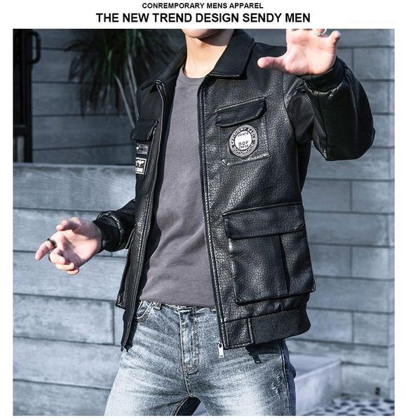 

clothing mens autumn designer pu jackets lapel neck long sleeve fashion style homme, Black