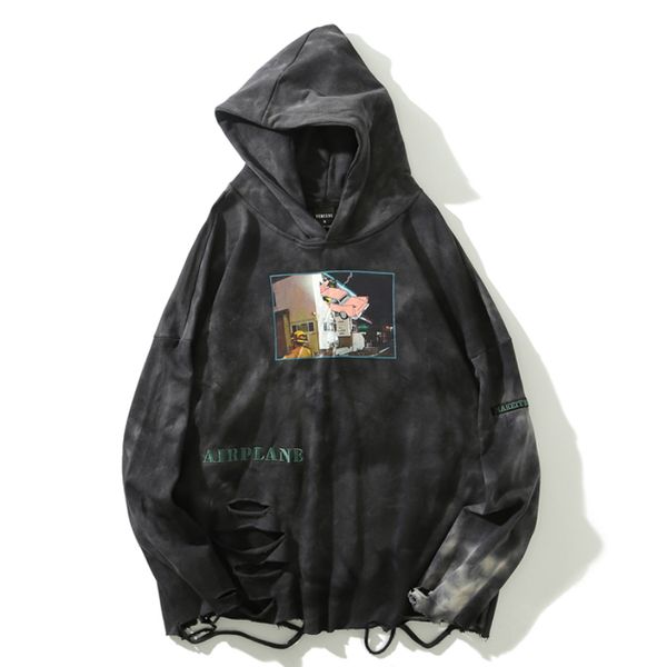 

hip hop distressed tie-dye hoodies baggy sweatshirt harajuku lettering embroidered pullover streetwear, Black