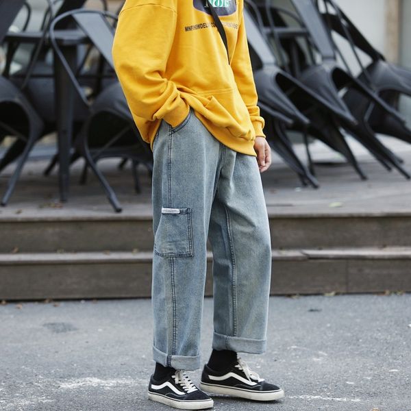 

2019 autumn hip hop mens jeans solid denim pants men fashion loose straight jeans pants men, Blue