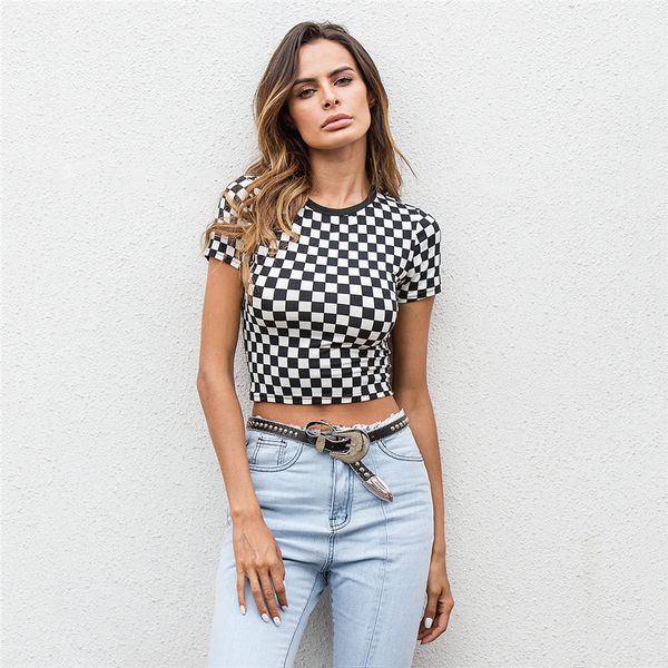 

women shirts women new women spring summer solid slim t shirt black white checkerboard pattern plaid short sleeve cotton t shirt
