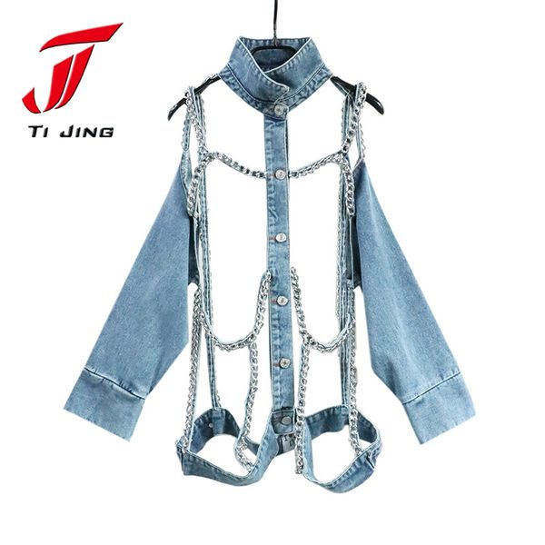 

2019 new womens jean jackets chains fashion hollow out woman denim jacket coats , z344, Black;brown