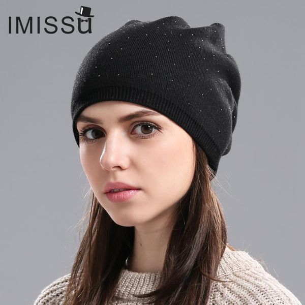 

imissu women's winter hat knitted wool beanie female fashion skullies with rhinestones outdoor ski cap thick warm hats for girls, Blue;gray