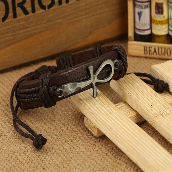 

2019 luxury new arrival christian cross jesus bracelet classic dark brown cowhide genuine leather rope charm bangles for womens mens jewelry, Golden;silver