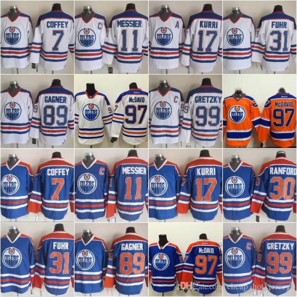 

7 paul coffey jerseys 31 grant fuhr edmonton 89 sam gagner 17 jari kurri 99 wayne gretzky 11 mark messier 30 bill ranford 97 connor mcdavid, Black;red