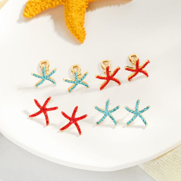 

kissme 2020 summer beach style stud earrings for women gifts exquisite red blue crystal enamel starfish ear clip fashion jewelry, Golden;silver