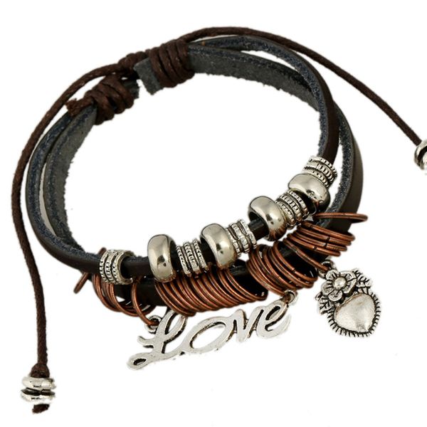 

european and american creative vintage letter love pendant jewelry women men's fashion beaded woven leather bracelet accessories, Golden;silver