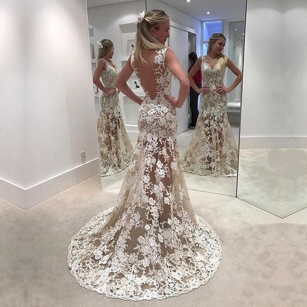 

Vintage Lace Mermaid Wedding Dress Country Style V Neck Sexy Backless Sheer Lace Skirt Long Bridal Gowns Arabic Vestido De Novia