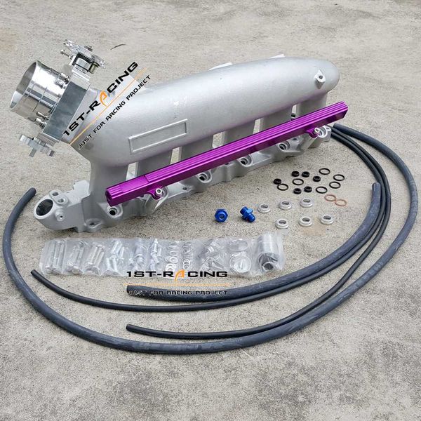 

cast aluminum intake manifold plenum with purple fuel rail for r33 r34 rb25