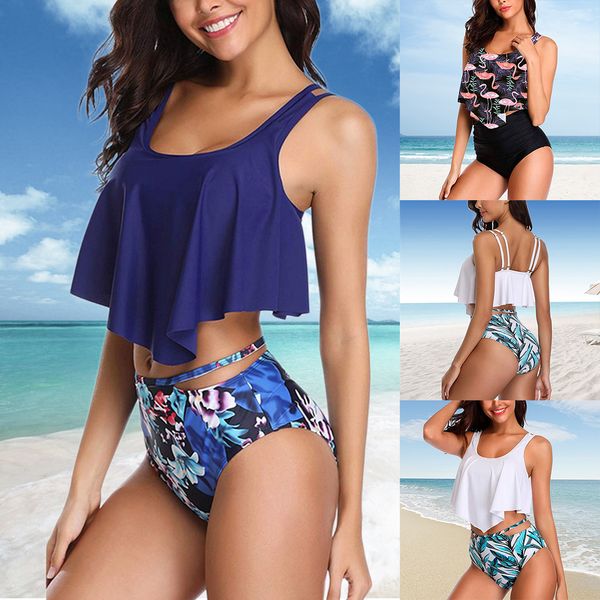 

swimsuits for women designer swimwear 2019 set mujer ruffle floral printed swimsuit high waist biquinis brazilian swimwear summer, White;black