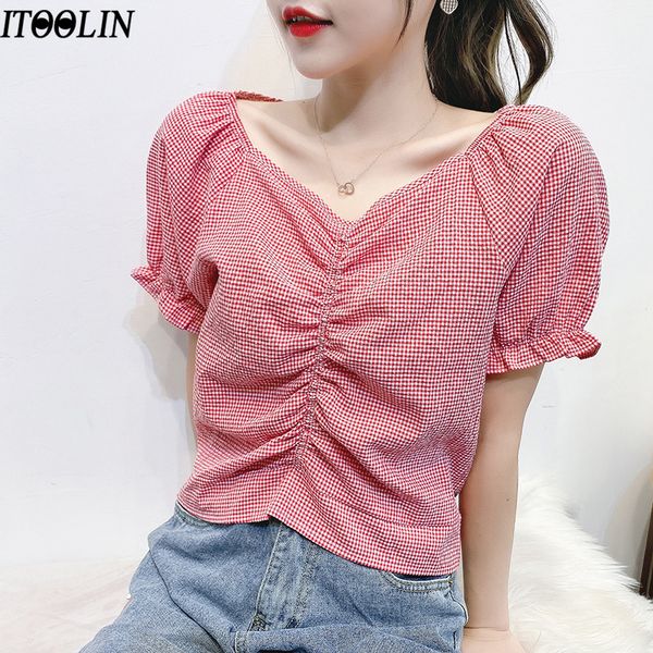 

itoolin short sleeve plaid ladies women solid pleated high street 2020 summer v-neck drawstring blouse for women, White