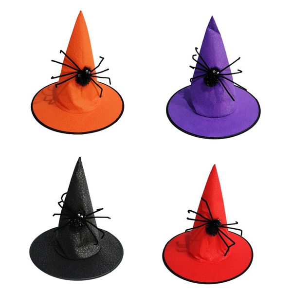 

non-woven witch hat with artificial spider masquerade costume performance cosplay cap halloween party hat for kids and adults