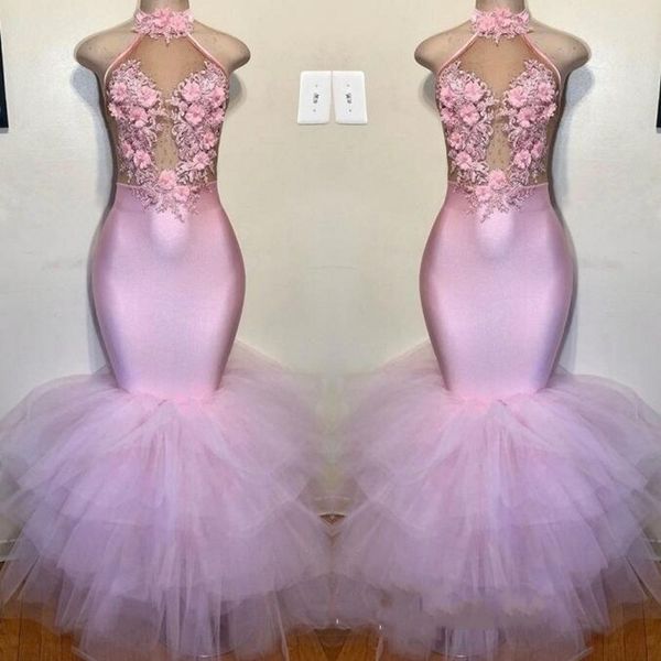 

pink 3d flower mermaid prom dresses high neck sheer tulle illusion women party gowns satin tulle tiered skirts formal evening dresses, Black