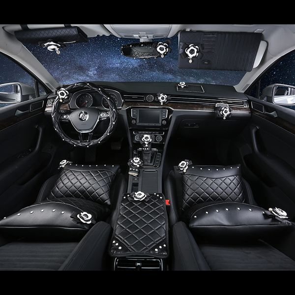 

camellia flower car seat interior accessories leather steering wheel cover auto crystal headrest support handbrake shifter cover