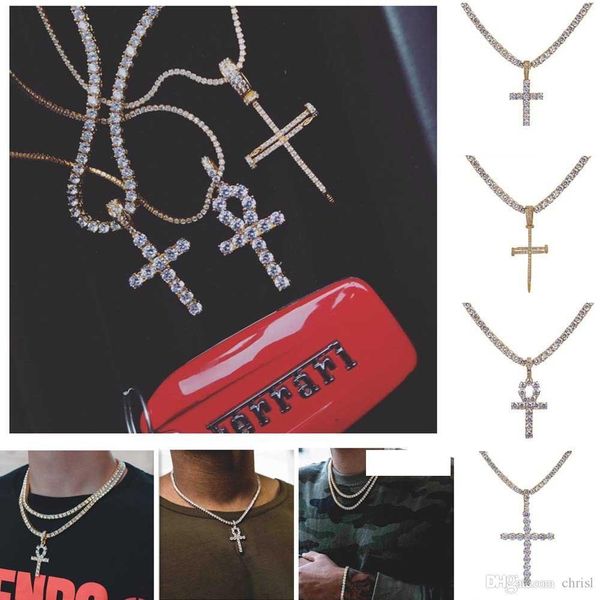 

hip hop iced out ankh cross pendant necklace 4mm tennis chain micro pave cz stones gold chains for men, Silver