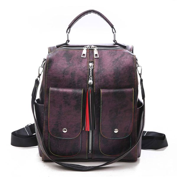 

retro leather women backpack fashionzipper school backpacks for teenage girls bag large capacity multifunction mochila feminina