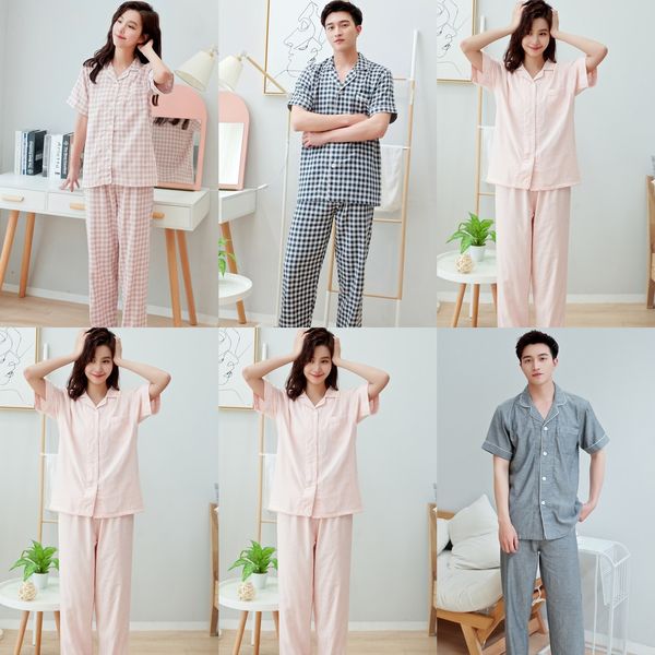 

short-sleeved couple's japanese cotton double-layer clothes home clothes home furnishing clothing gauze pajamas, Blue;red