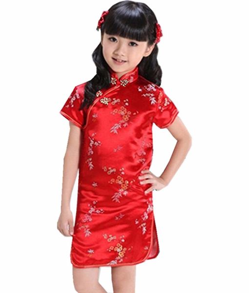 

shanghai story baby girls chinese style qipao dress brand flower print cheongsam for girls kids performance costume satin dress, Red