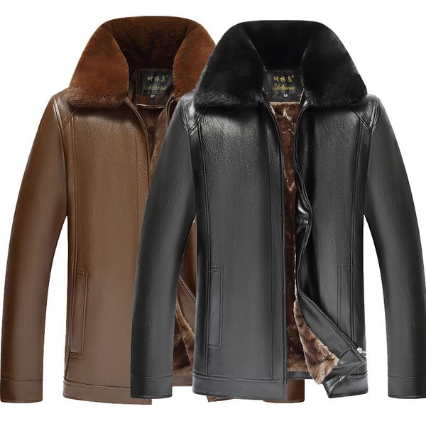 

woods bird middle-aged men brushed and thick large fur collar warm fold-down collar leather coat, Black