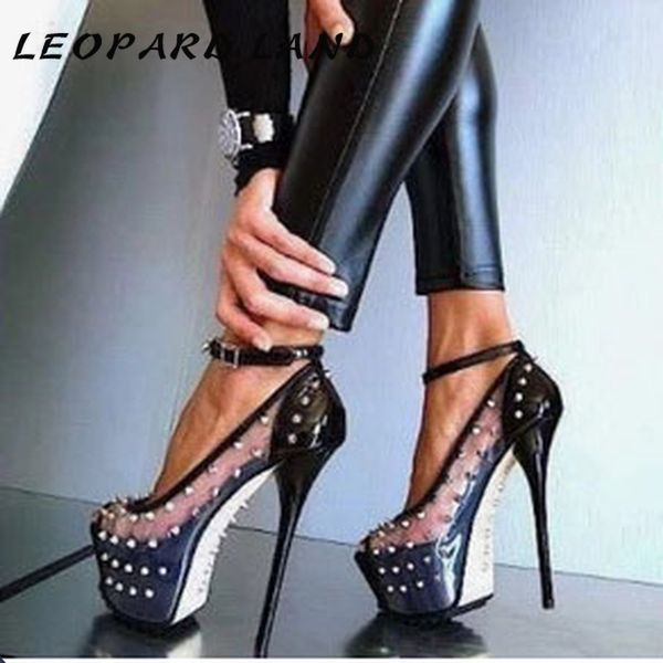 

leopard land nightclub high heels rivet fishmouth waterproof platform stiletto heels single shoes platform sandals jxq, Black