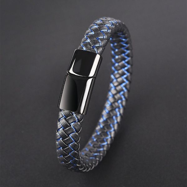 

jiayiqi new men jewelry punk black blue braided leather bracelet for men stainless steel magnetic clasp fashion bangles gifts, Golden;silver