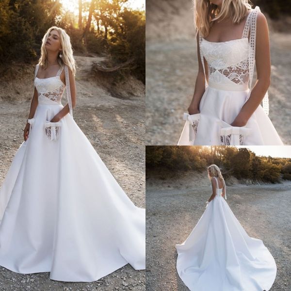 

2019 a line white wedding dresses pocket spaghetti sleeveless beach boho wedding dress custom plus size satin bridal gowns sweep train