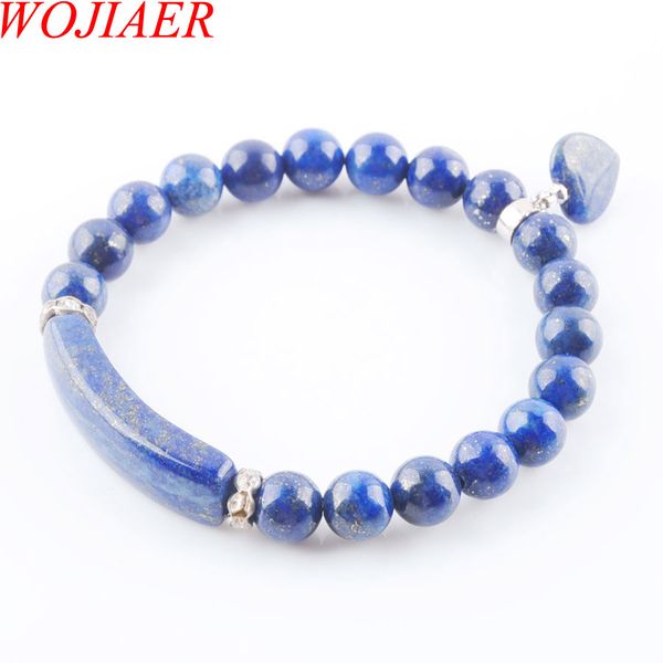 

wojiaer natural stone beads lapis lazuli strand bracelets & bangles heart shape silver-color fitting women jewelry love gifts dk3315, Black