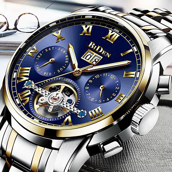 

mens watches brand biden new luxury automatic mechanical watch men steel business waterproof sport watch relogio masculino, Slivery;brown