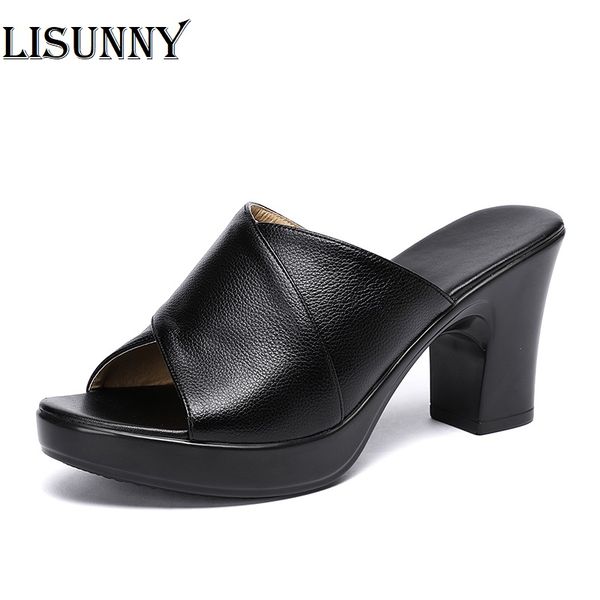 

lisunny fashion women sandals comfortable geuine leather thick heels women's casual shoes summer platform sandal plus, Black