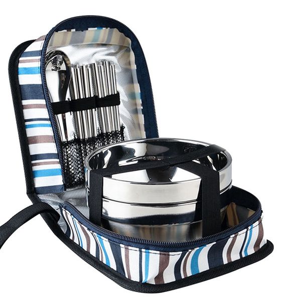 

tri-polar stainless steel dinnerware bowls fork spoons chopsticks tableware set with storage bag for camping picnic kitchen