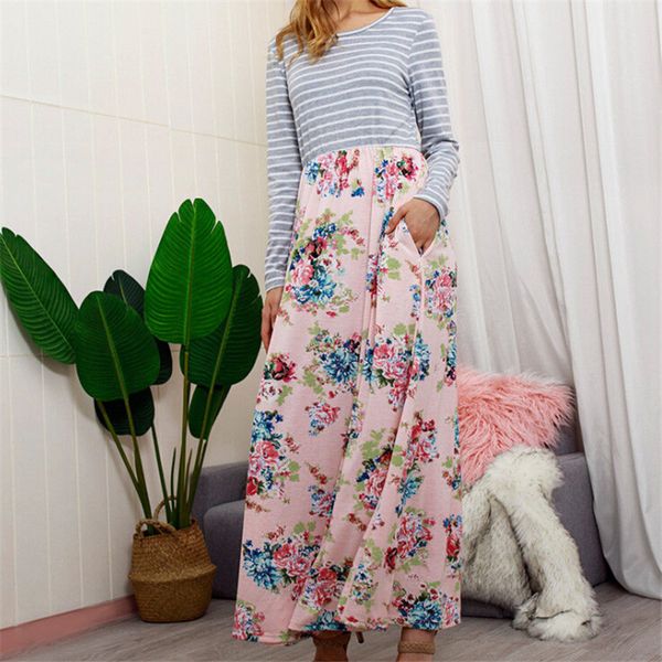 

women autumn long dress 2020 arrival ladies long sleeve floral stripe print dress evening party dresses female dresses sundress, Black;gray