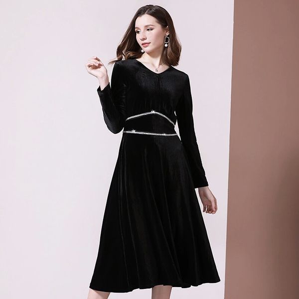 

женщины осень зима свитер платье роскошный дизайнер алмаз длинные бархатные платья женские классические черные платья v шеи старинные платья, Black;gray