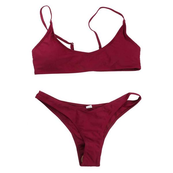 

triangle-bikini swimsuit bikini set backless push up solid color bathing suit women with pad for women wine red s