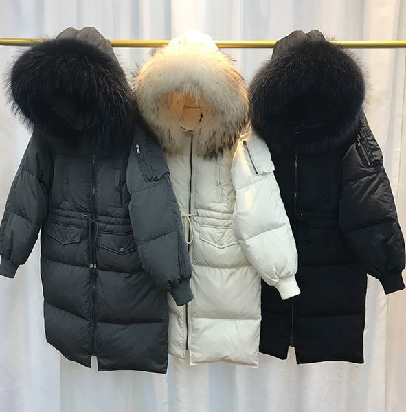 

2018 new style winter south korea outside drawstring waist hugging down jacket women's mid-length large fur collar loose-fit coa, Black;white