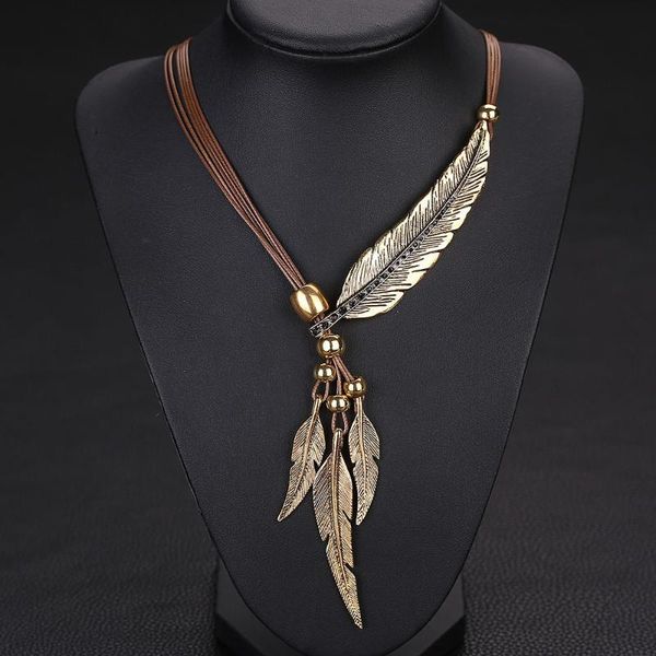 

otoky women necklace alloy feather statement necklaces pendants vintage jewelry rope chain necklace women accessories for gift, Silver