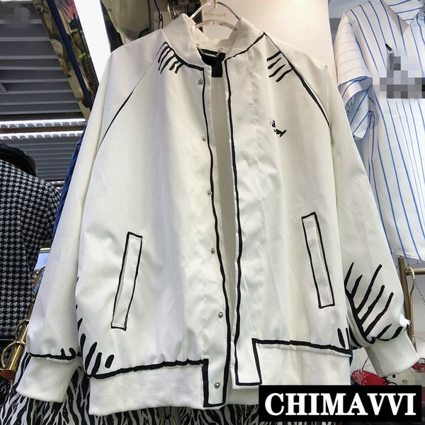 

streetwear fashion white baseball jacket autumn new cool hand-painted graffiti loose jacket couples casual coat, Black;brown