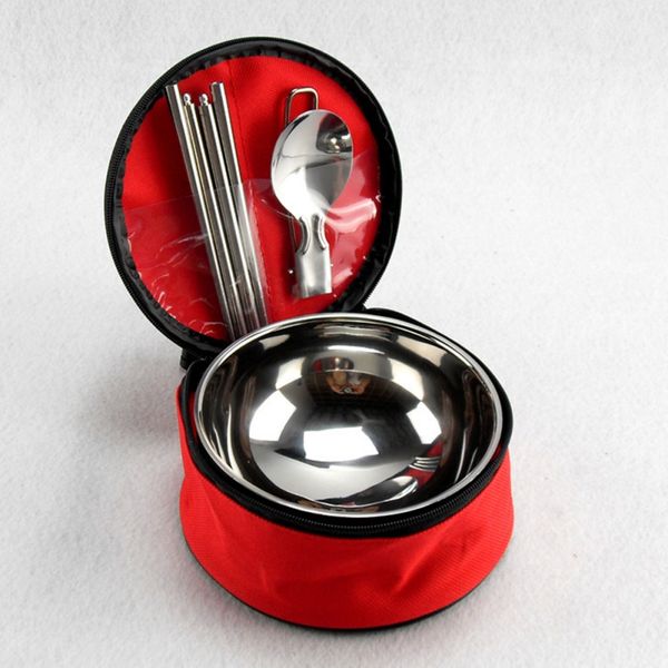 

folable stainless steel dinnerware bowls spoons chopsticks kit tableware cutlery set + storage bag for camping picnic kitchen