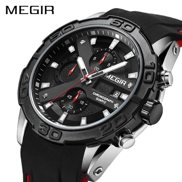 

megir chronograph sport watch men relogio masculino brand fashion silicone quartz army wrist watches clock men, Slivery;brown