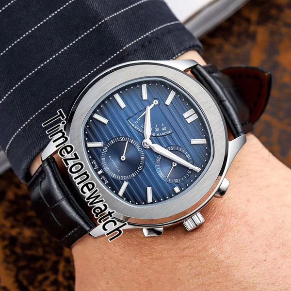 

new black tie g0a33018 41mm automatic power reserve mens watch steel case blue texture dial black leatehr strap watches timezonewatch e11a1, Slivery;brown