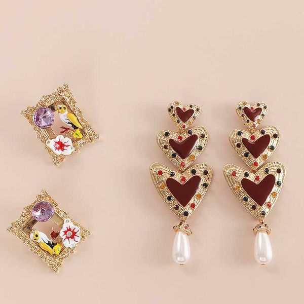 

aomu european american retro baroque french oil painting bird flower earring enamel multi-layer love earrings for women bohemian, Silver