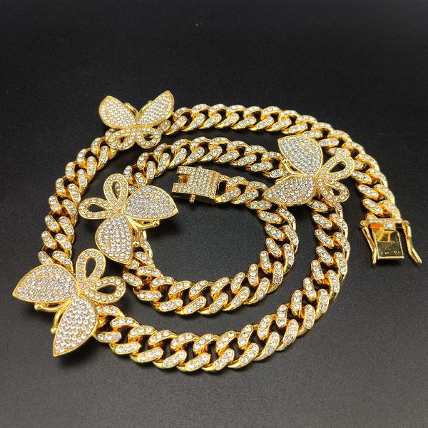 

cuban link chains discount 12mm single row diamond full diamond butterfly big gold chain cuba chain necklace, Silver