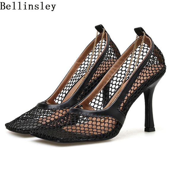 

bellinsley new mesh transparent women pumps sandals high heels square toe women chain strap pumps shoes slip on women heels shoe, Black