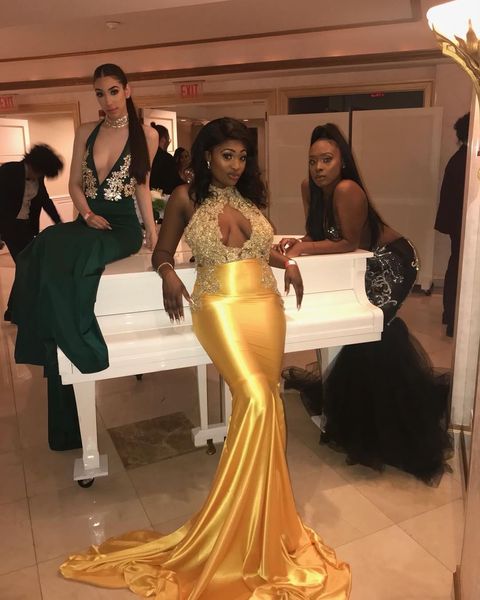 

2019 black girls mermaid prom dresses long yellow beads pleats backless lace sweep train evening gowns dresses party wear vestidos