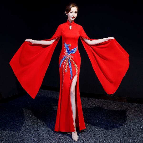 

embroidery phoenix chinese women dress qipao novelty long sleeve cheongsam formal party gown vintage button vestidos de festa, Red