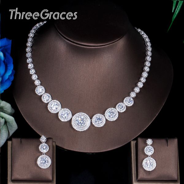 

threegraces cubic zirconia big round necklace earrings set dubai white gold color jewelry for women wedding gift js178, Silver