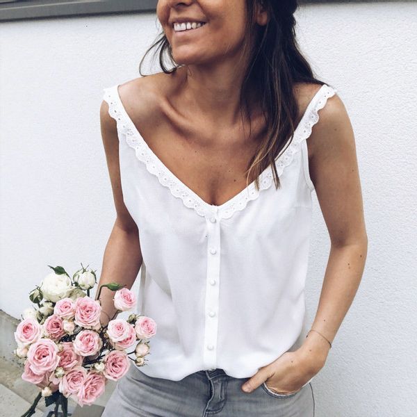 

women casual loose summer lace sleeveless blouse breathable basic vest loungewear solid debardeur femme camisetas mujer, White