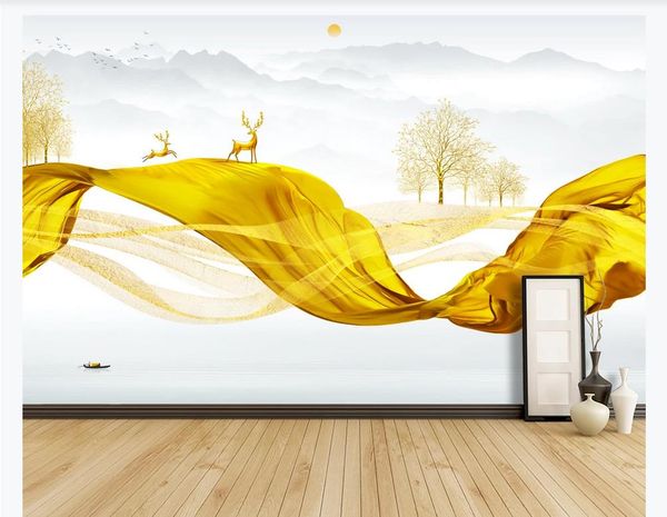 Обои современный китайский стиль Золотой олень шелковый пояс абстрактная линия арт пейзаж для гостиной Спальня ТВ фон фреска