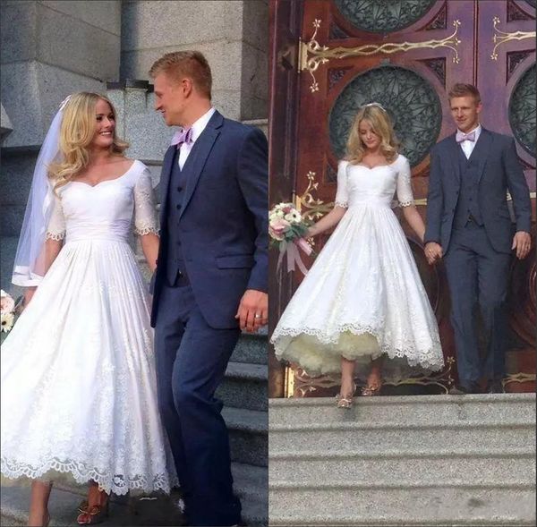 

2019 Vintage Half Sleeves Ankle Length Wedding Dresses A Line Country Garden Short Bridal Gowns Scoop Custom Made Wedding Gowns