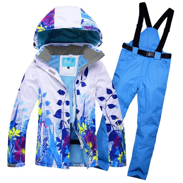 

men or women ski suit ski jacket pants print leaf flowers men snowboard coat and trousers winter snow clothes snow suit