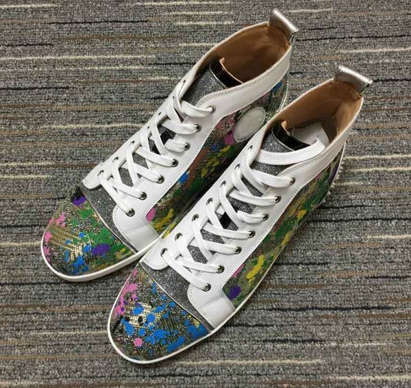 

high silver graffiti sequins leather red bottom sneaker for men runner sports shoes heel rivet casual flat loafers new for women, Black