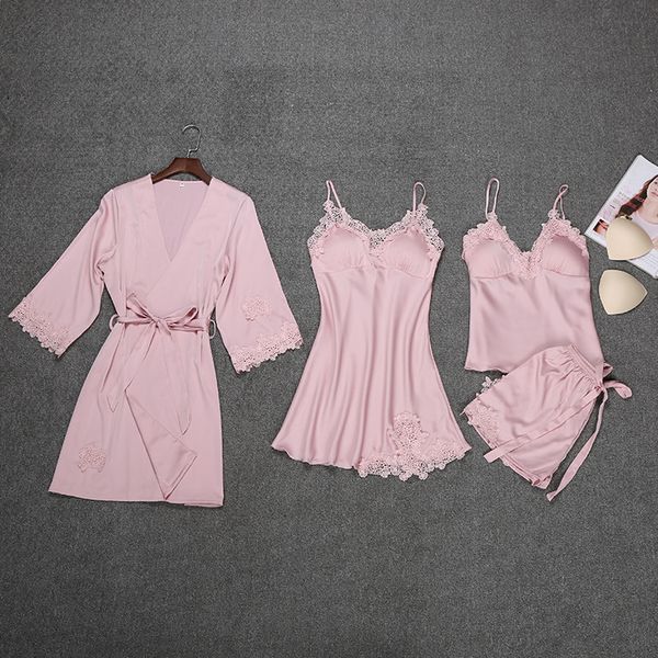 

xnew robe sleepwear sets spring womens 4 pieces strap pants suit 2019 casual pajamas nightwear kimono bath gown -2xl, Blue;gray